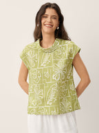 Linen Geometric Floral Stand-Collar Top DELPHINA