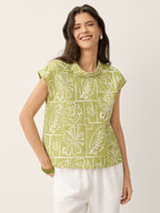 Linen Geometric Floral Stand-Collar Top DELPHINA