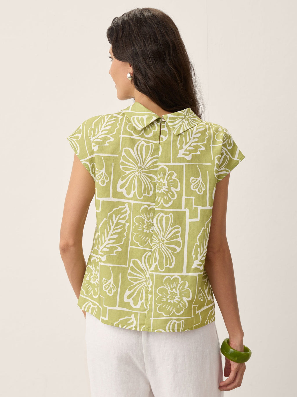 Linen Geometric Floral Stand-Collar Top DELPHINA