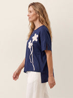Linen-Lyocell Floral Cord Embroidered Asymmetric Hem Top FLORENE
