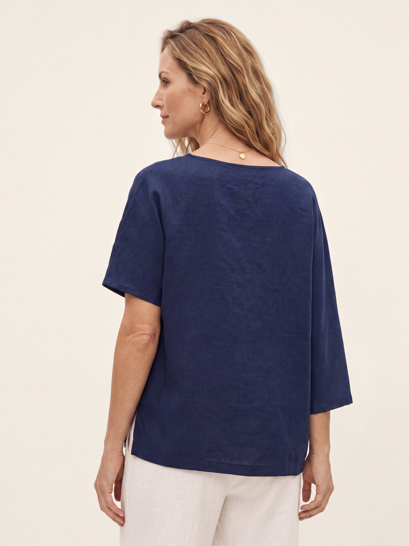 Linen-Lyocell Floral Cord Embroidered Asymmetric Hem Top FLORENE