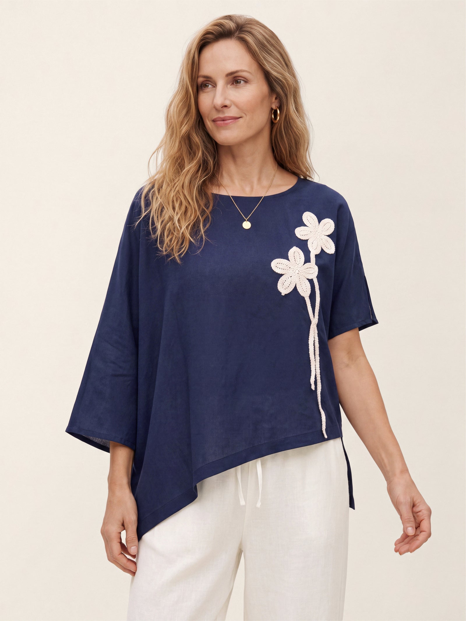 Linen-Lyocell Floral Cord Embroidered Asymmetric Hem Top FLORENE