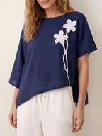 Linen-Lyocell Floral Cord Embroidered Asymmetric Hem Top FLORENE