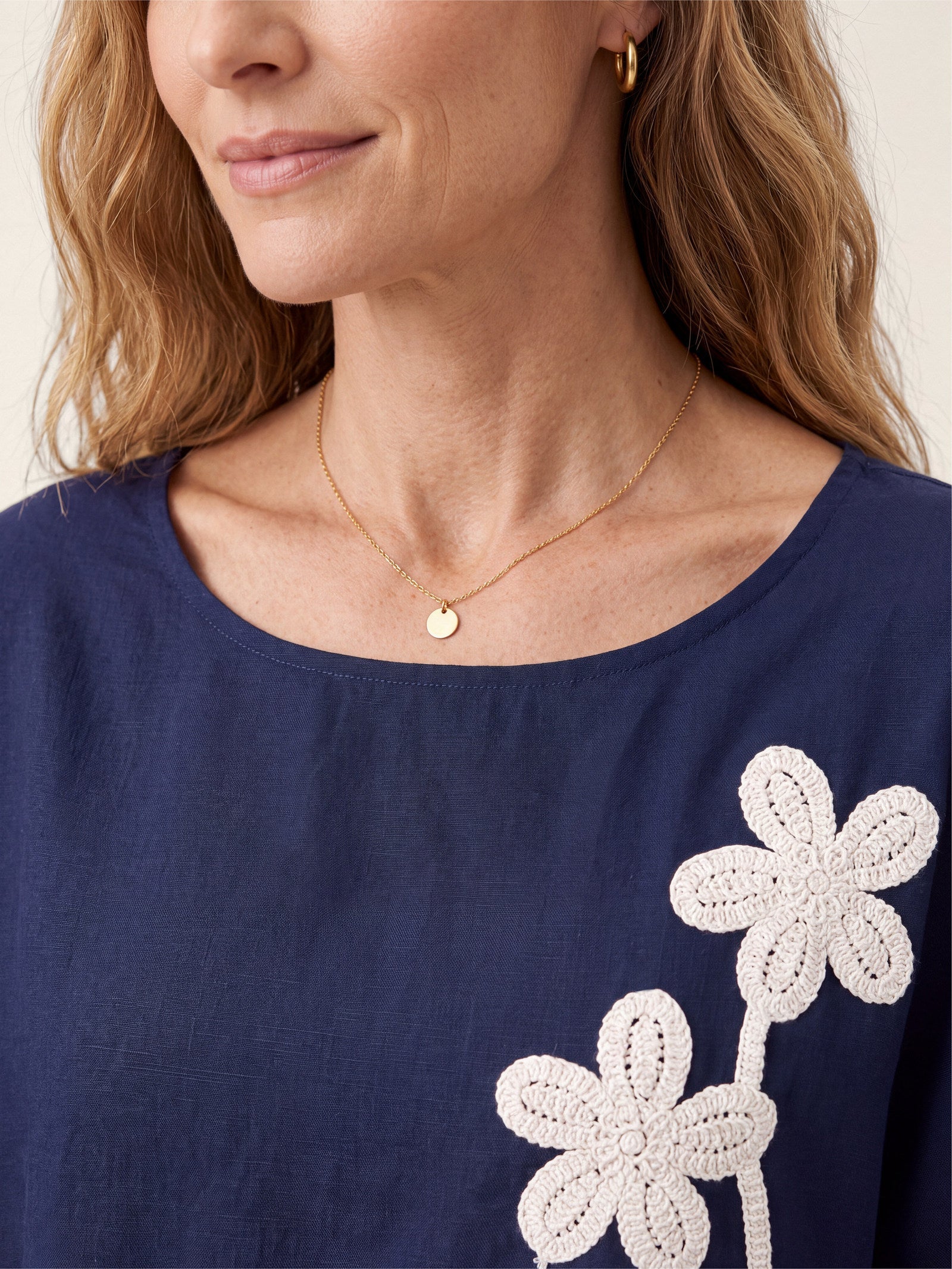 Linen-Lyocell Floral Cord Embroidered Asymmetric Hem Top FLORENE