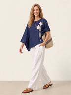 Linen-Lyocell Floral Cord Embroidered Asymmetric Hem Top FLORENE