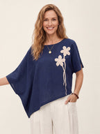Linen-Lyocell Floral Cord Embroidered Asymmetric Hem Top FLORENE
