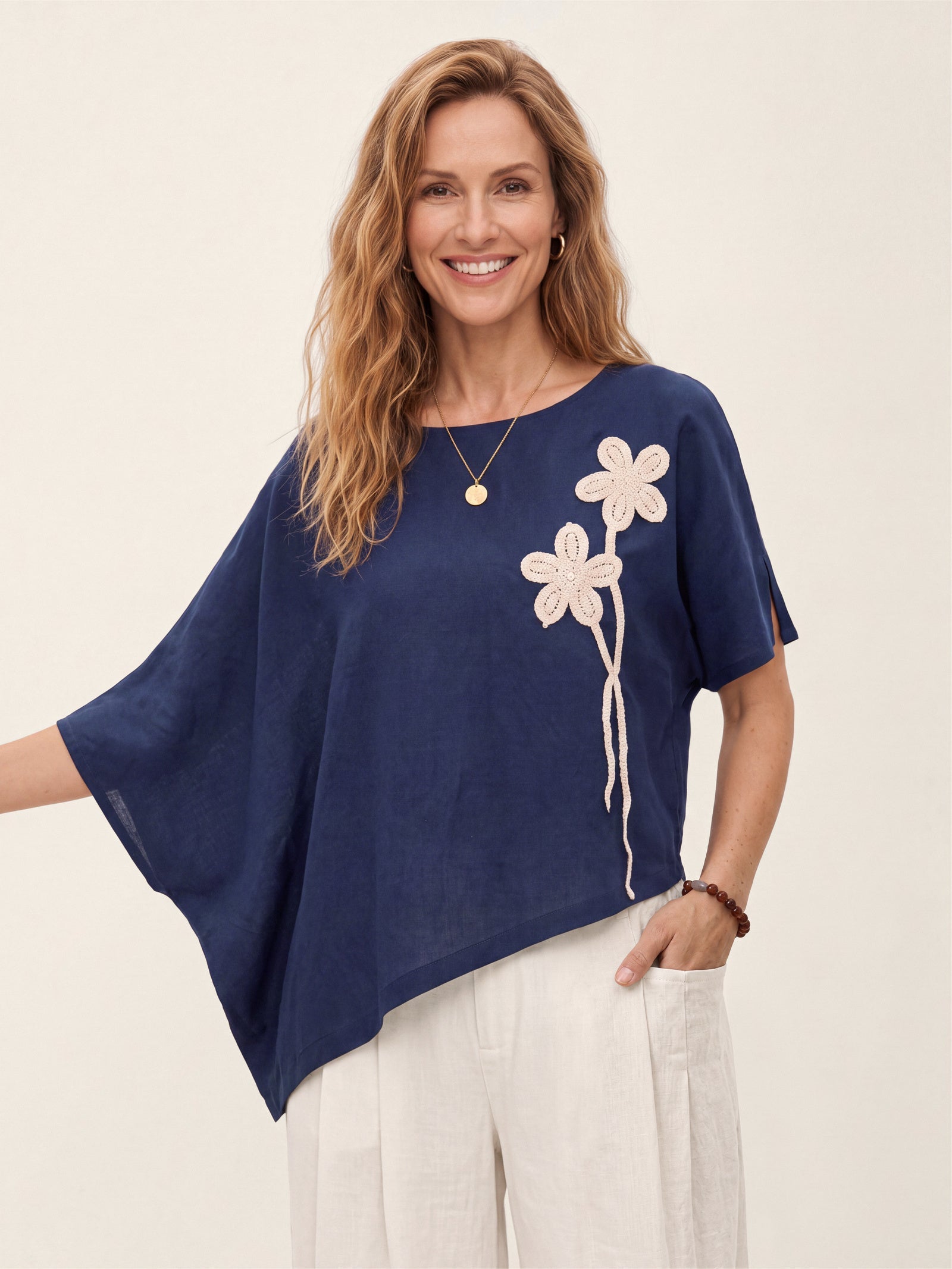 Linen-Lyocell Floral Cord Embroidered Asymmetric Hem Top FLORENE