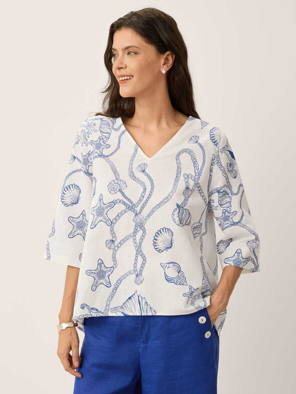 Linen Marine Curio Print High-Low Overtop CERELIA