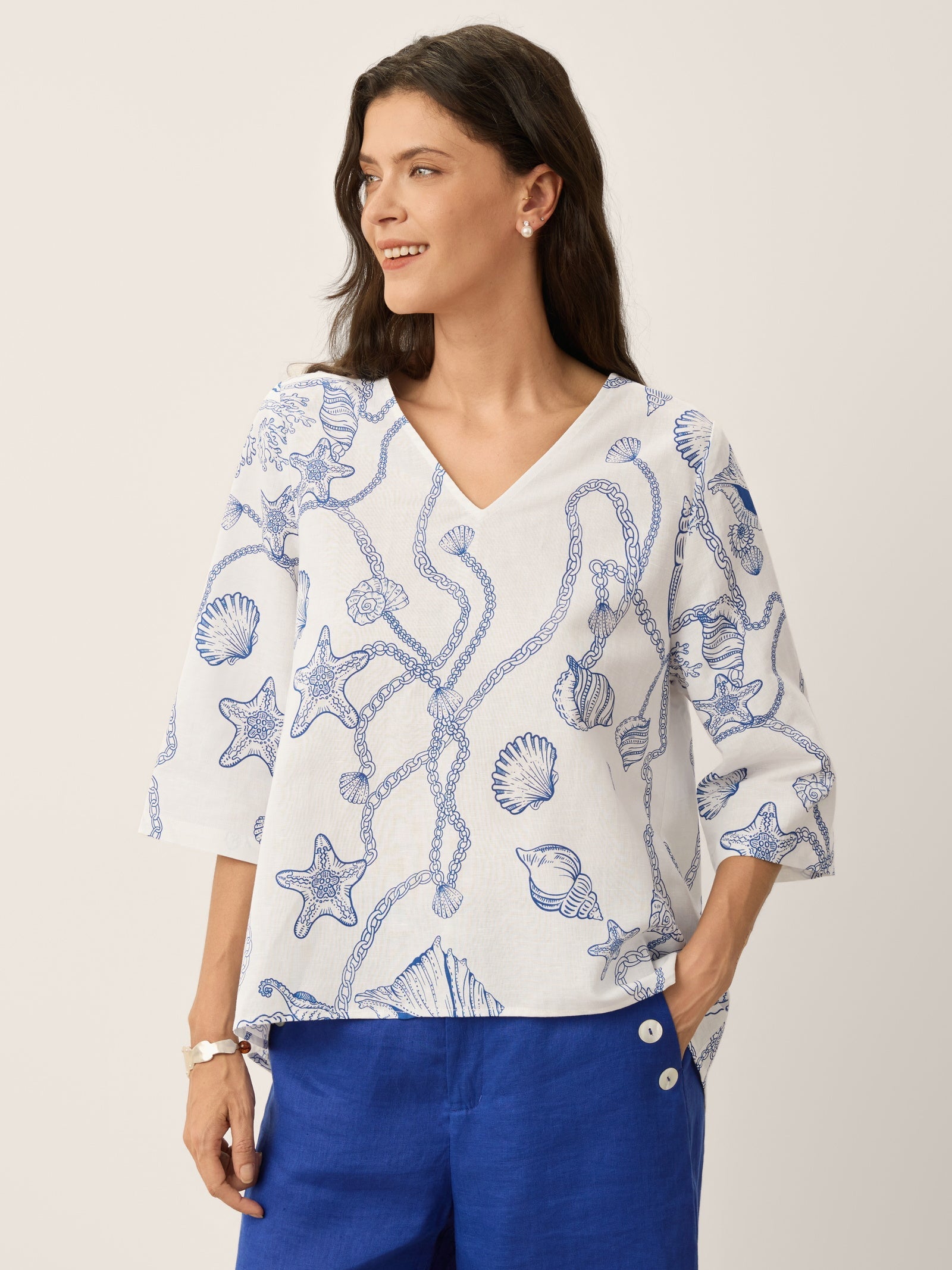 Linen Marine Curio Print High-Low Overtop CERELIA