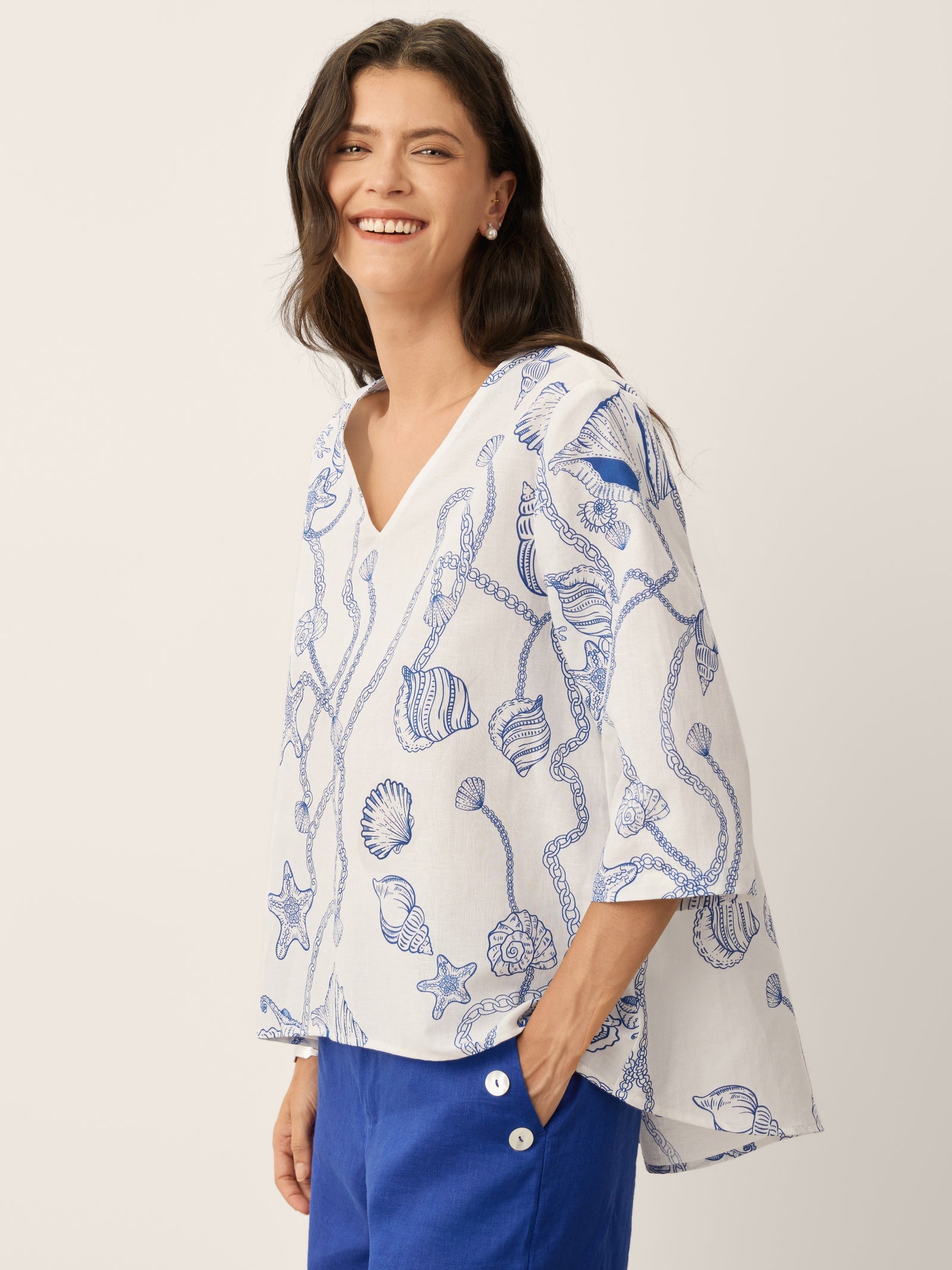 Linen Marine Curio Print High-Low Overtop CERELIA