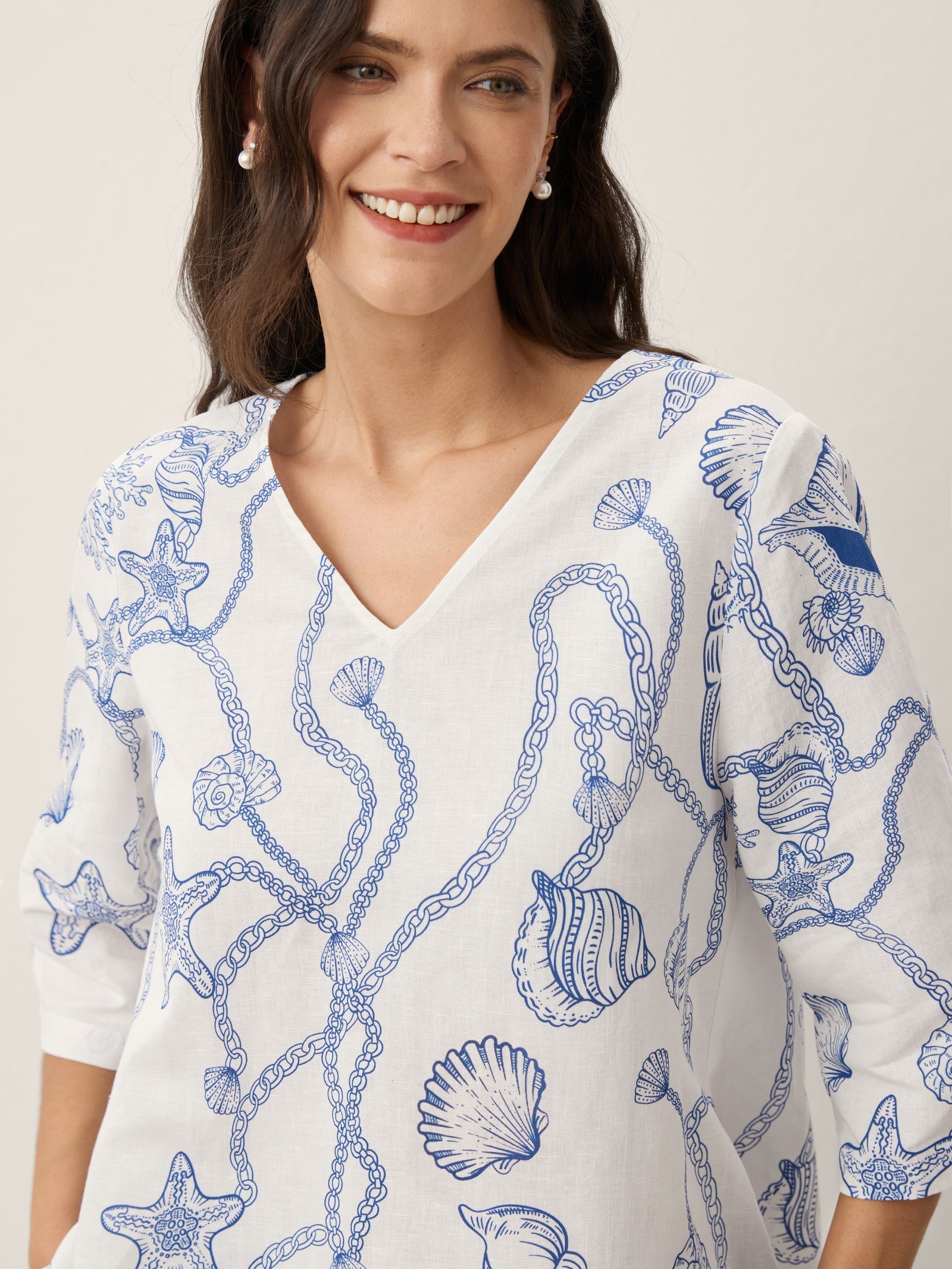 Linen Marine Curio Print High-Low Overtop CERELIA
