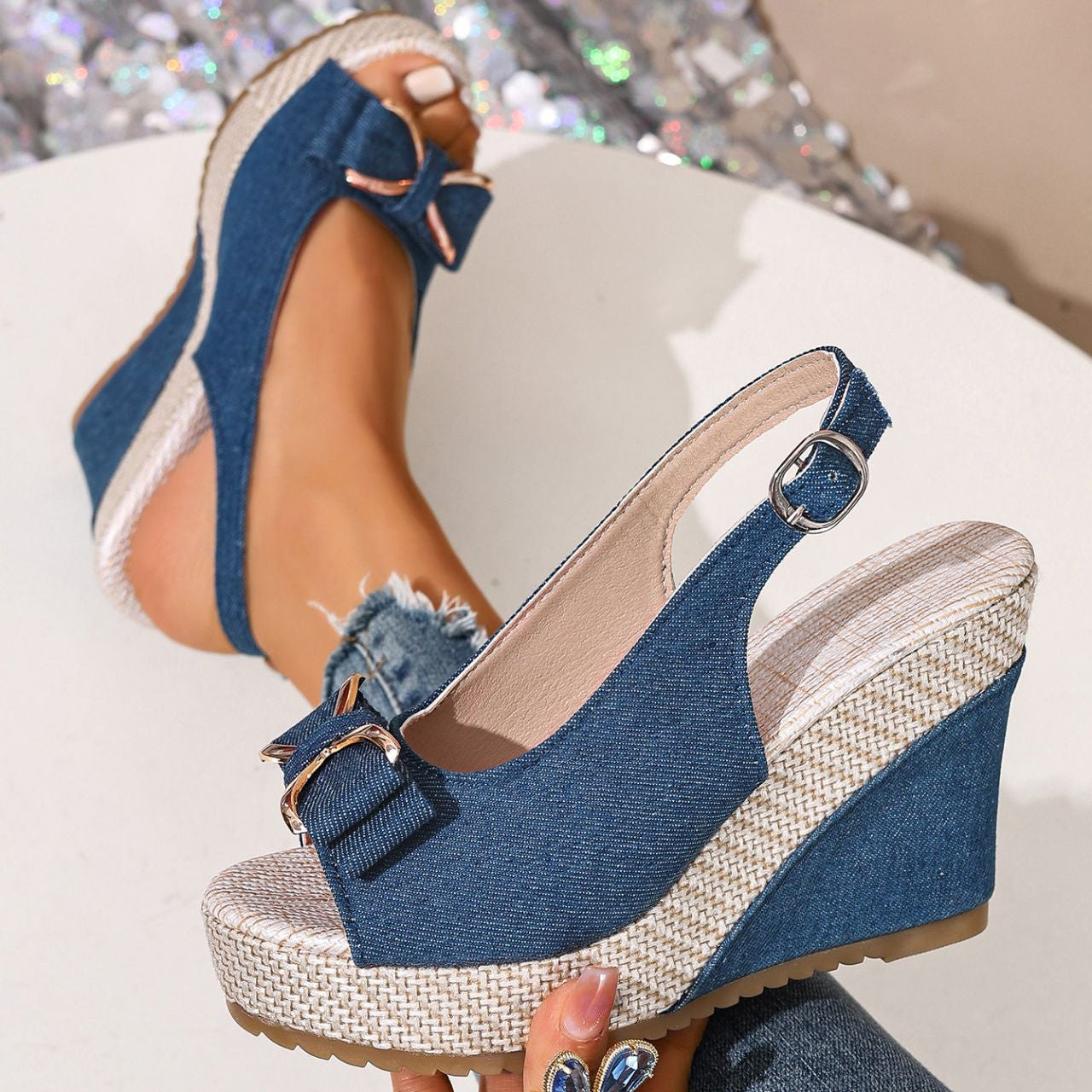 Celeste Denim Bow Wedges