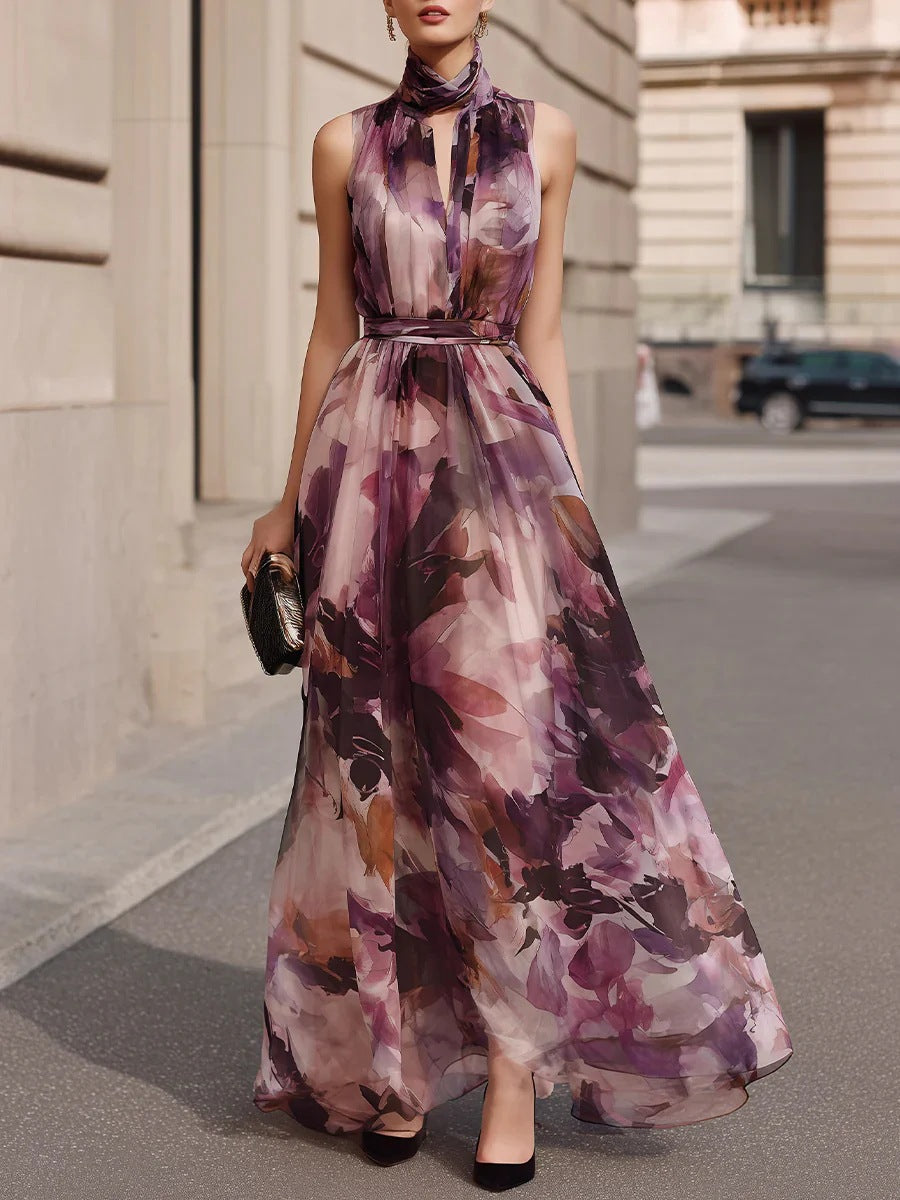 Floral Tie-Neck Belted Maxi Dress