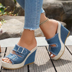Elara Denim Wedge Sandals
