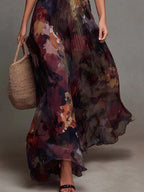 Watercolor Floral Pleated V-Neck Maxi Dress
