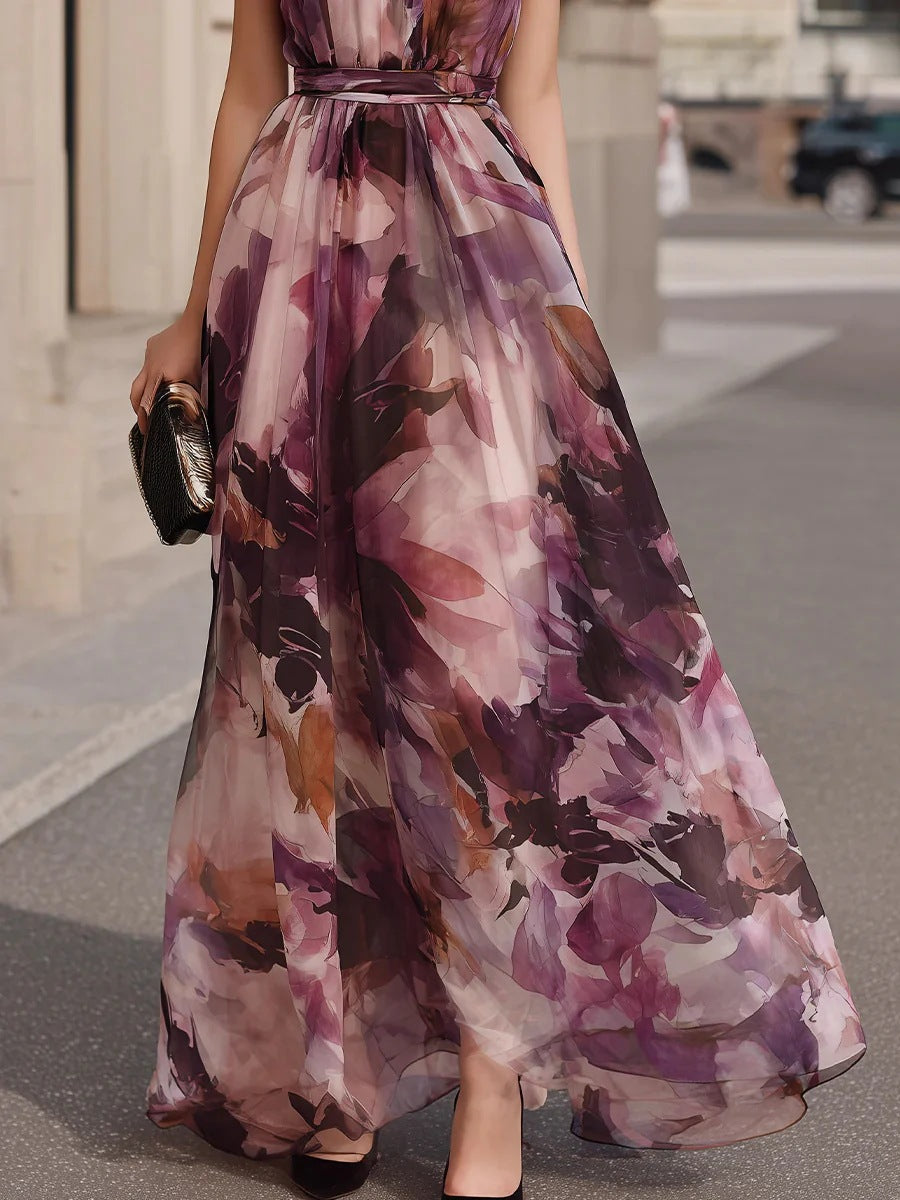 Floral Tie-Neck Belted Maxi Dress