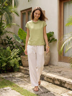 100% Linen Cap Sleeve Soft-Fold Collar Top YVONNE