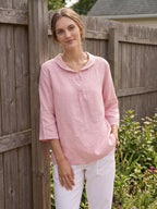 100% Linen Shawl V-Neck Half Sleeve Top JADE