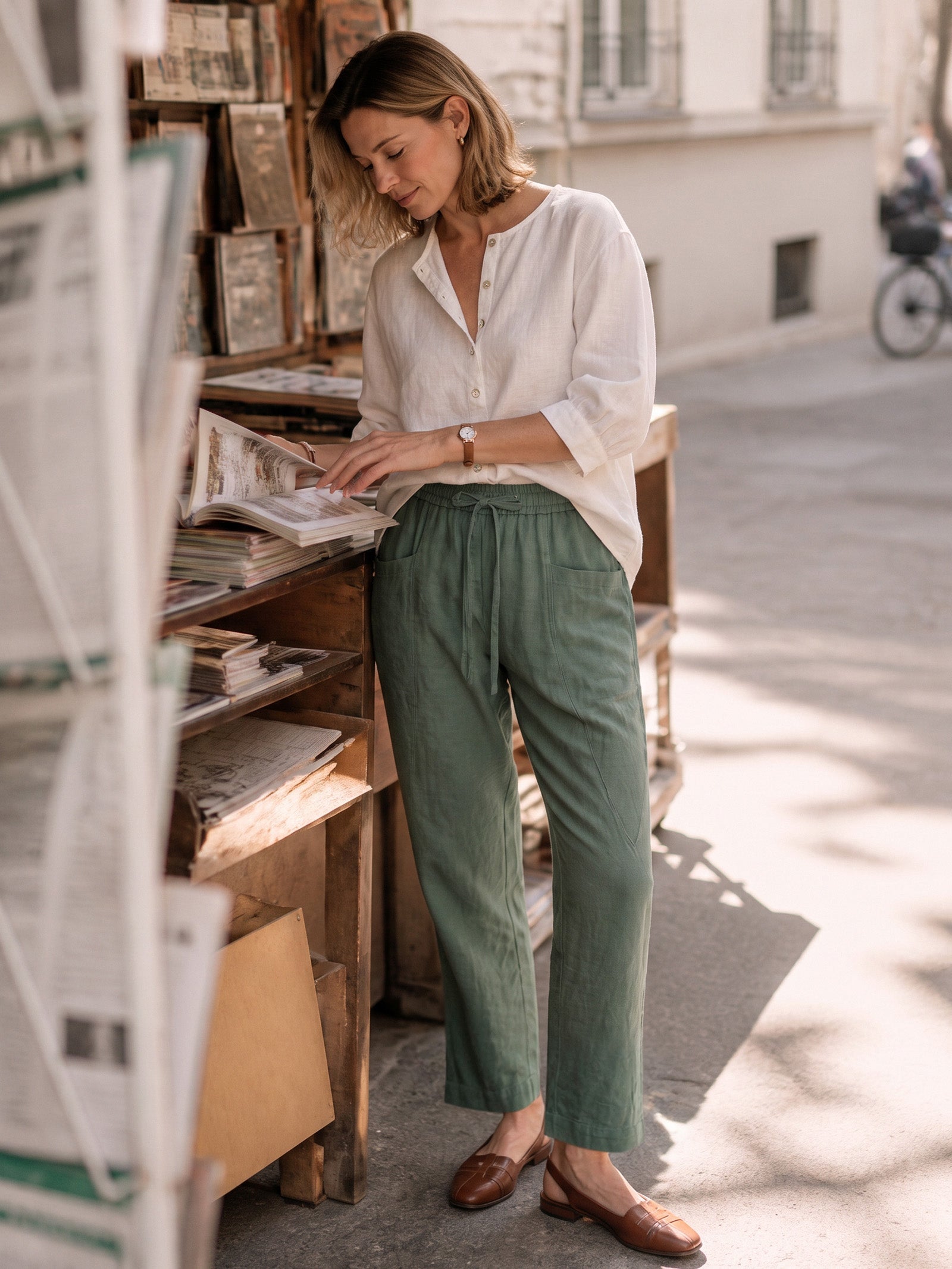 100% Linen Drawstring Utility Ankle Pants AMELINE
