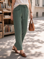 100% Linen Drawstring Utility Ankle Pants AMELINE
