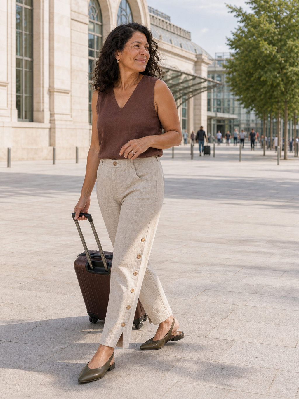 100% Linen Wood Button Slit Hem Ankle Pants ALBA