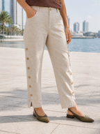 100% Linen Wood Button Slit Hem Ankle Pants ALBA