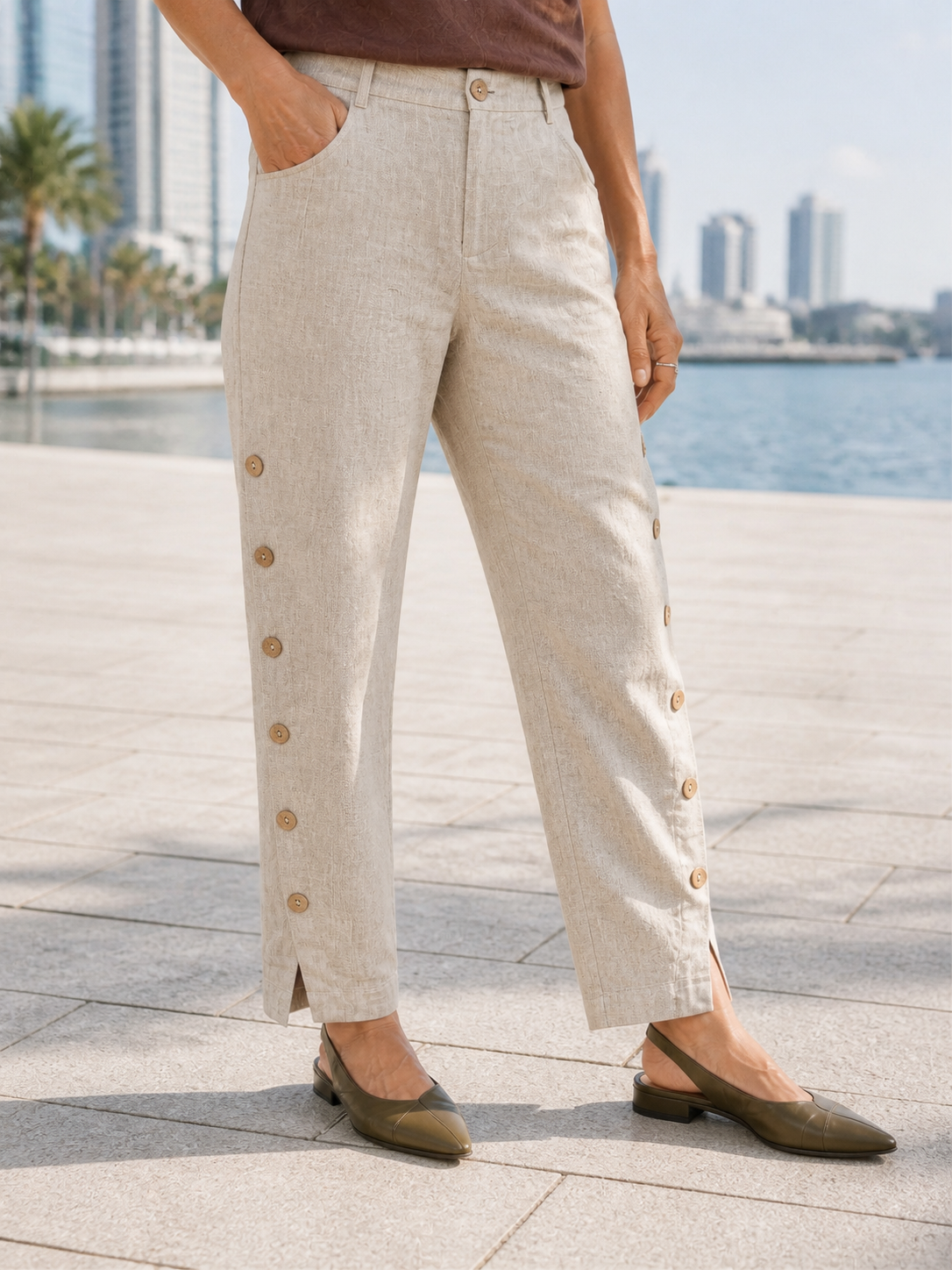 100% Linen Wood Button Slit Hem Ankle Pants ALBA