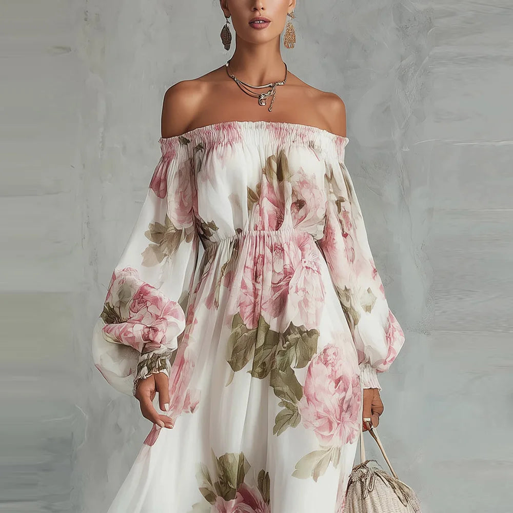 Payton | Off-Shoulder Floral Maxi Dress, Long Sleeves
