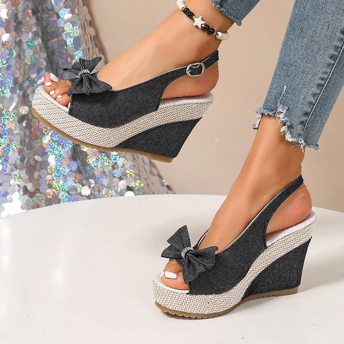 Anna Denim Wedge Sandals