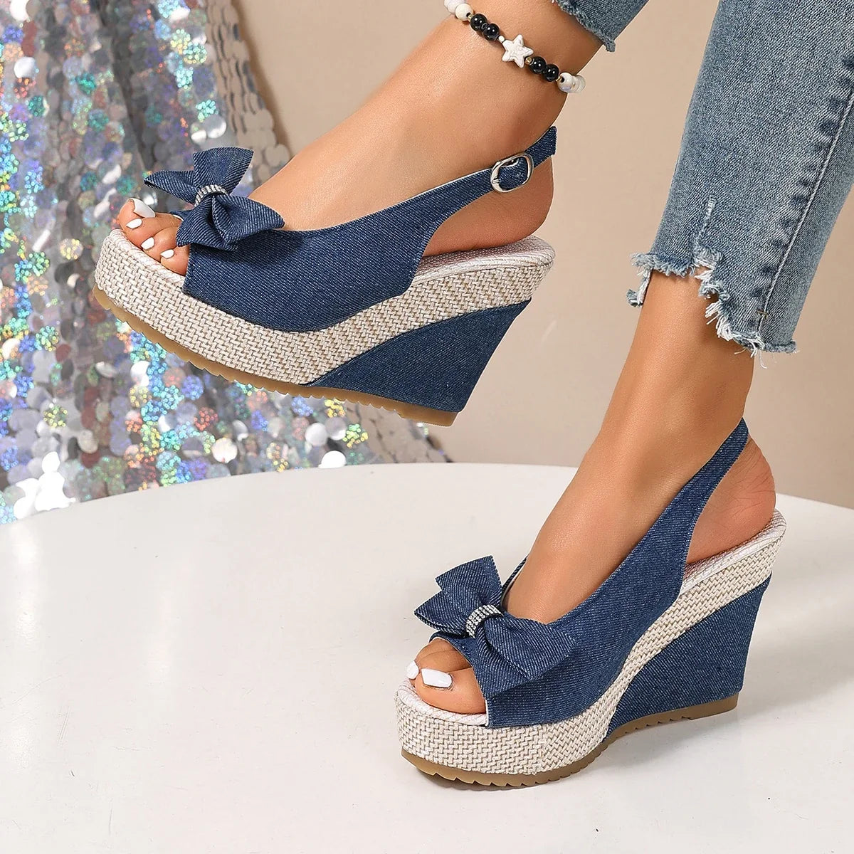 Anna Denim Wedge Sandals
