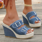 Elara Denim Wedge Sandals