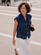100% Linen Scalloped Lace Hem Sleeveless Shirt ALVINA