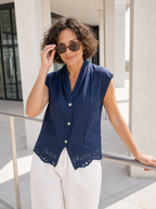100% Linen Scalloped Lace Hem Sleeveless Shirt ALVINA