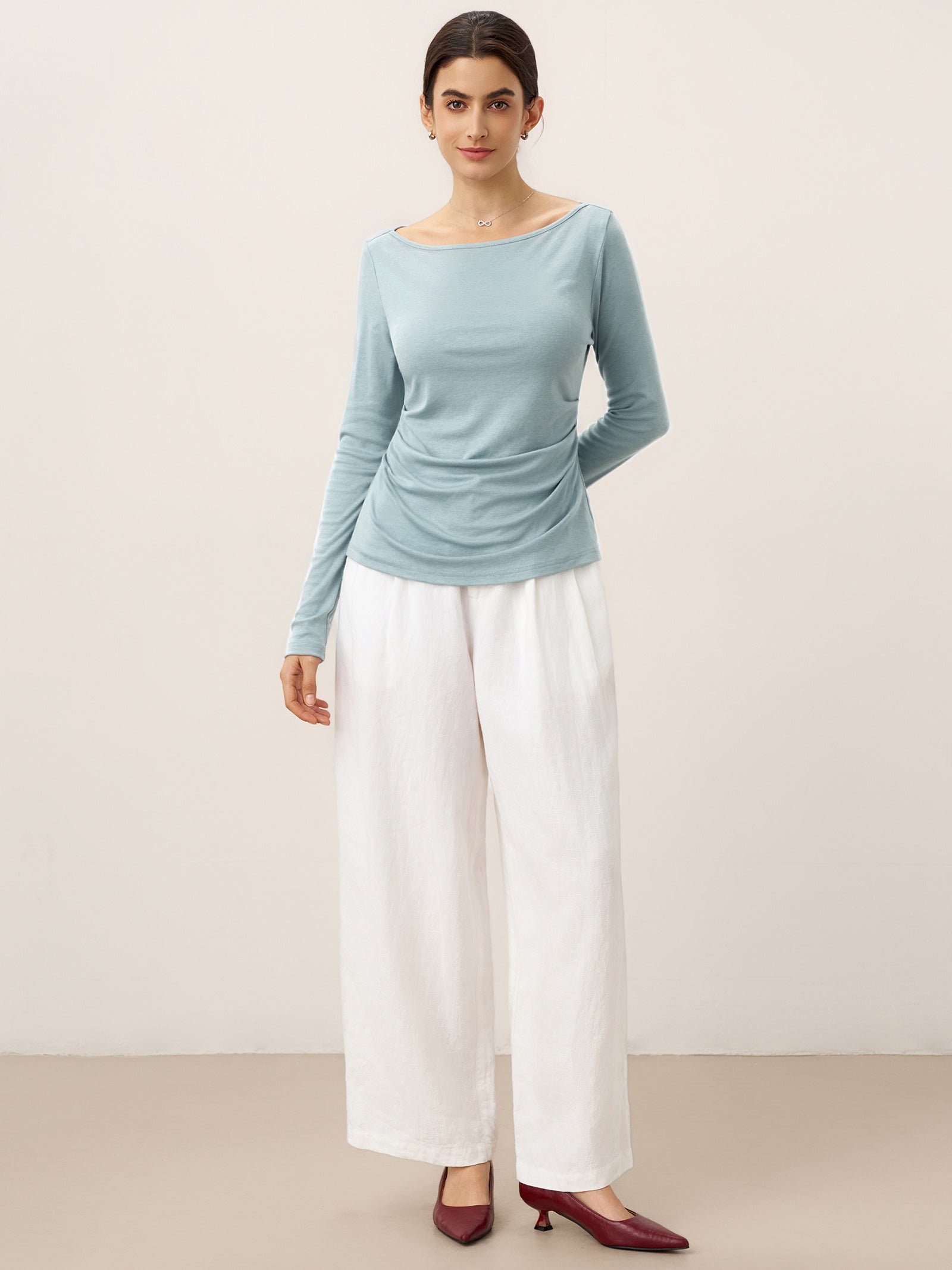 Wool Side Ruched Boat Neck Stretch Top VIVIEN