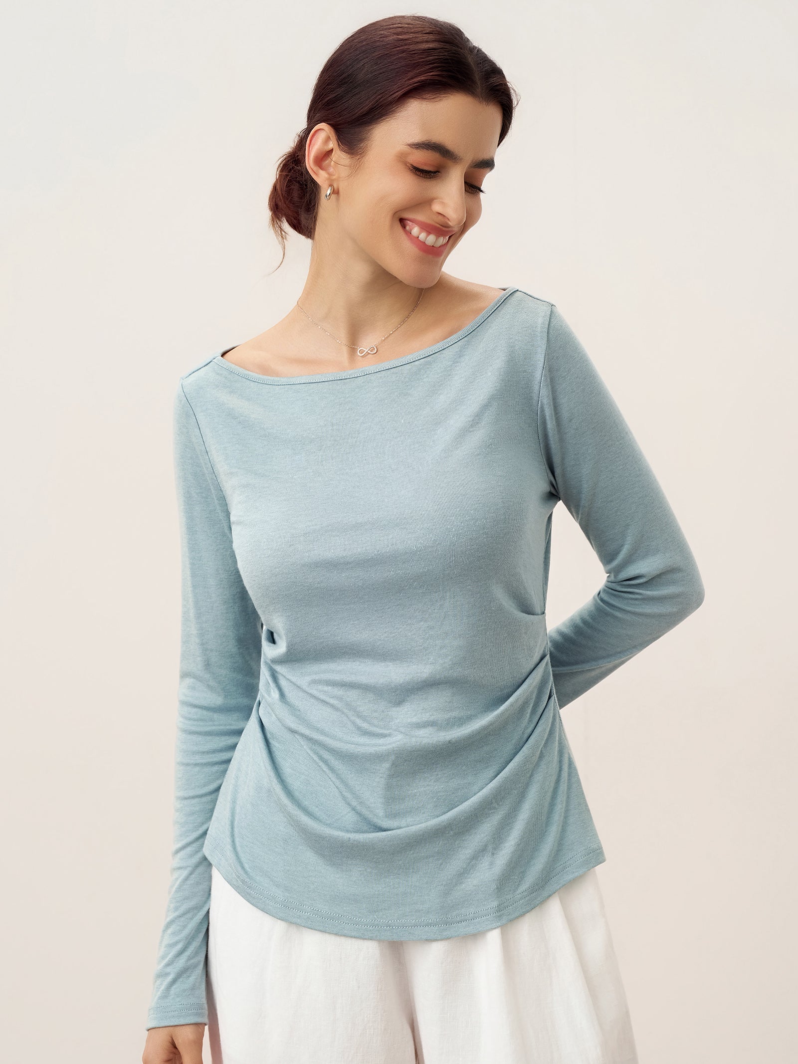 Wool Side Ruched Boat Neck Stretch Top VIVIEN