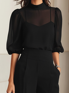 Valentina • Black Three-Piece Set with Sheer Camisole Top and Wide-Leg Trousers • S1