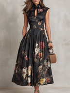 Violetta - Black Midi Dress in Pleated Satin with Floral Pattern and Keyhole Neckline