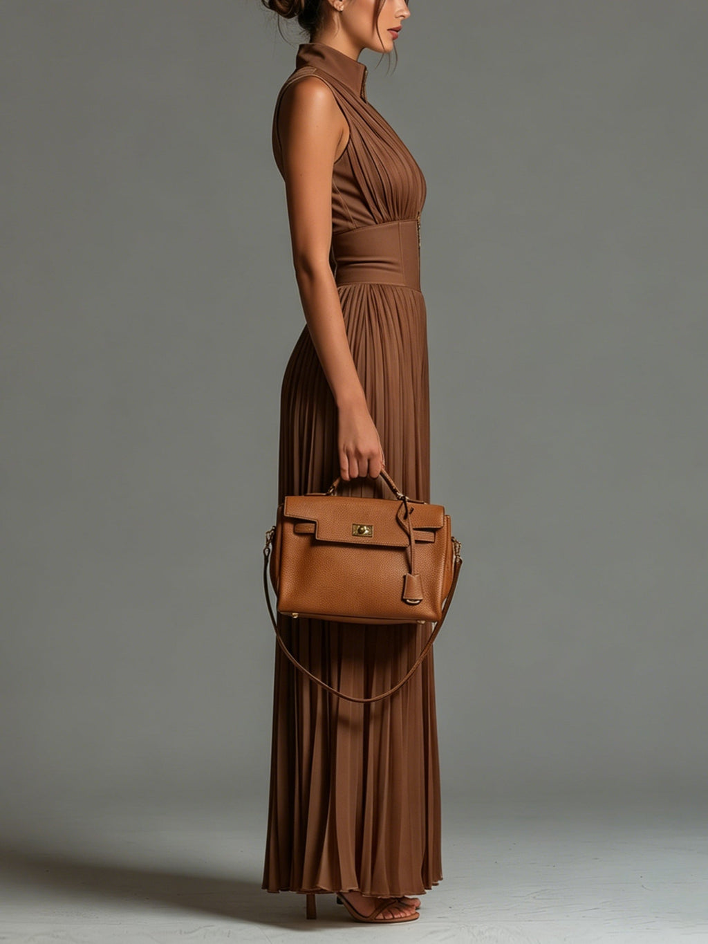 ESSENTIAL - Zsófia Jumpsuit | Brown Pleated Chiffon