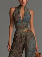 Bohemian Ethnic Print Sleeveless Zipper Pleated Wide-leg Chiffon Jumpsuit