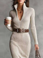 Hazel™ | V-Neck Ribbed Midi Sweater Dress