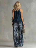 Ludovica – Elegant chiffon set with high-neck top and wide-leg printed trousers • S1