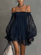 Noemi | Mini dress in navy blue chiffon with off-the-shoulder neckline, lace trim, and sheer sleeves