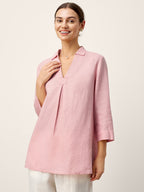 100% Linen Layered Lapel V-neck Sculpted Front Pleat Longline Top ODALYS