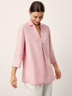 100% Linen Layered Lapel V-neck Sculpted Front Pleat Longline Top ODALYS
