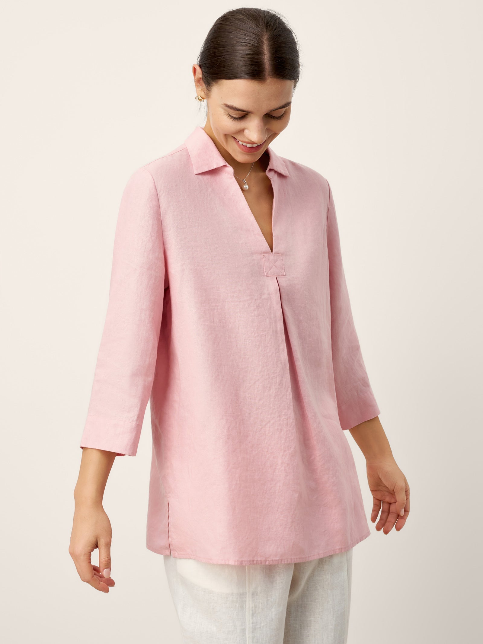 100% Linen Layered Lapel V-neck Sculpted Front Pleat Longline Top ODALYS