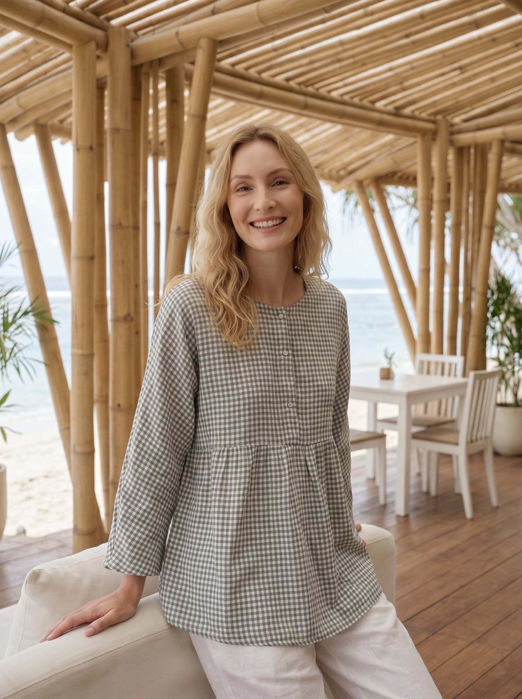 Linen Checked Long-Sleeved Top CAROLINE